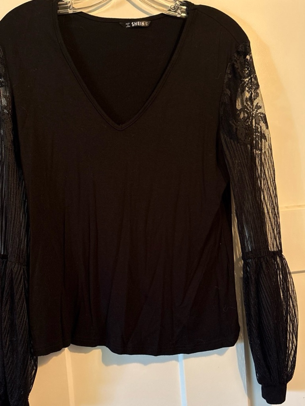 SHEIN Black V-Neck Top with Sheer Lace Long Sleeves